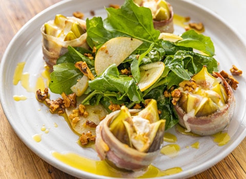 Baked Figs Wrapped in Pancetta with Goat’s Cheese & Nashi Pears