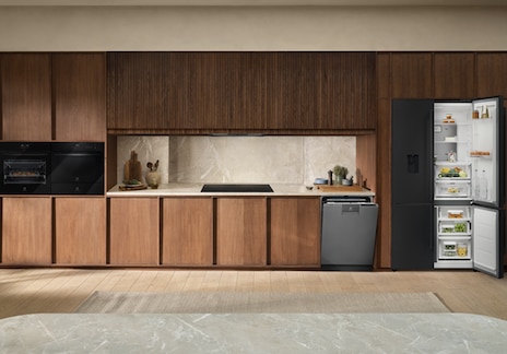Oven, with fridge and cooktop in a kitchen