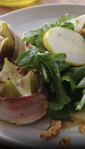 Baked Figs Wrapped in Pancetta with Goat’s Cheese & Nashi Pears