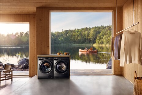 Home laundry with people on lake