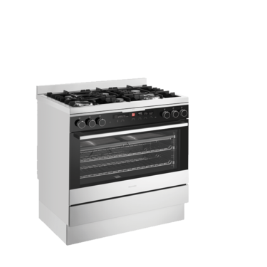 Black dual fuel freestanding cooker with gas hob and multifunction oven